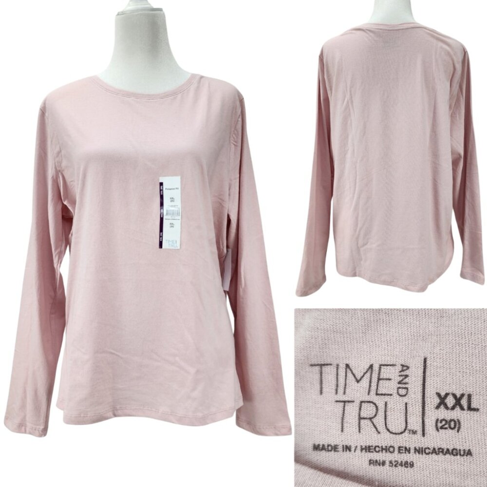 New Time and Tru Womens XXL 20 Long Sleeve Tee Shirt Round Neck Pink 100% Cotton